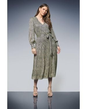 Wallis Animal Metallic Tie Waist Midi Dress - Gray