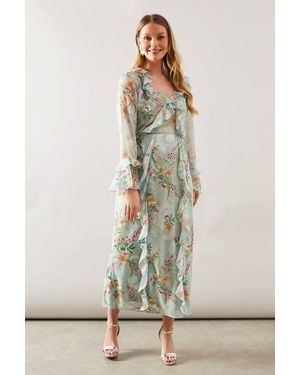 Wallis Floral Ruffle Belted Midaxi Dress - Green
