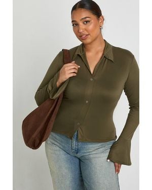Boohoo Plus Collared Button Down Long Sleeve Top - Green