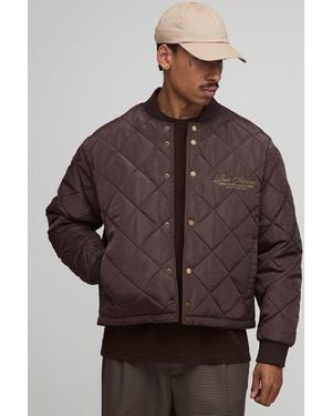 Boohoo Boxy Fit Embroidered Diamond Quilted Nylon Bomber Jacket - Marrón