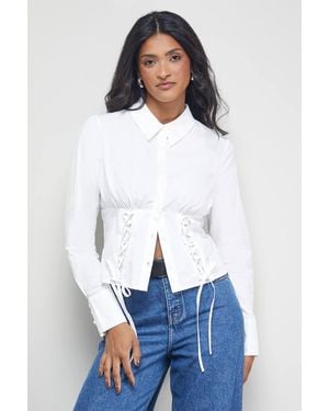 Warehouse Cotton Lattice Front Fitted Waist Shirt - White