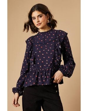 Oasis Ditsy Printed Ruffle Lace Trim Top - Blue
