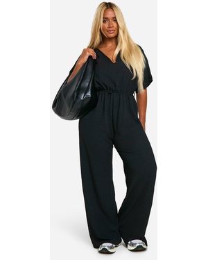 Boohoo Plus Textured Jersey Plunge Belted Jumpsuit - Black