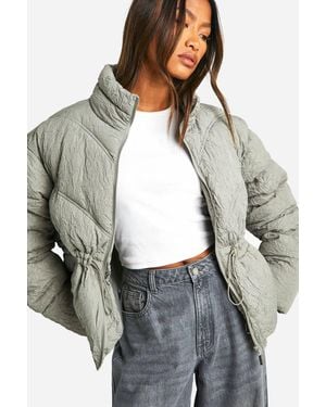 Boohoo Crinkle Cinched Waist Puffer Jacket - Gray