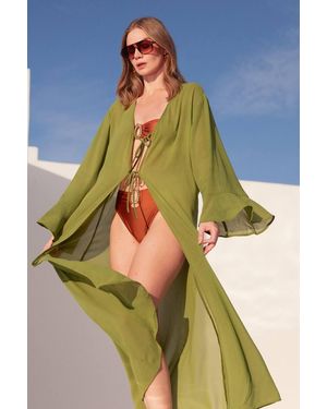 Warehouse Printed Maxi Tie Front Kimono - Blue