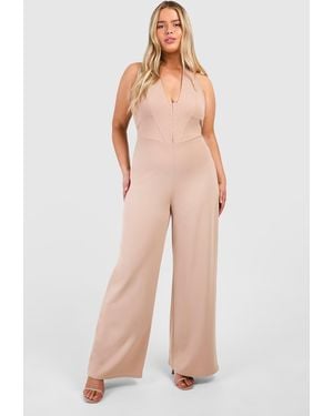 Boohoo Plus Scuba Crepe Corset Hook & Eye Detail Halter Neck Wide Leg Jumpsuit - Natural