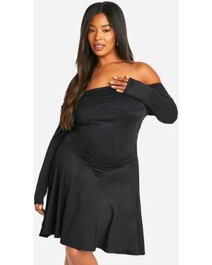 Boohoo Plus Dobby Chiffon Wide Sleeve Skater Dress in Black
