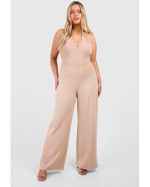 Boohoo Plus Scuba Crepe Corset Hook & Eye Detail Halter Neck Wide Leg Jumpsuit - Natural
