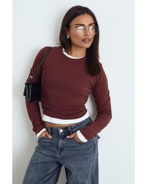 Boohoo Rib Long Sleeve Fitted Top - Rojo