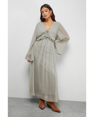 Warehouse Petite Dobby Chiffon Plunge Neck Ruffle Midi Smock Dress - Gray