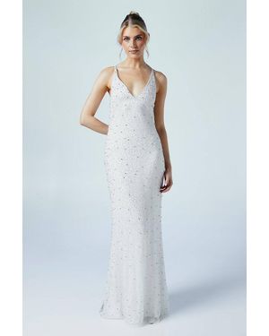 Coast V Neck Strappy Beaded Wedding Dress - Blue