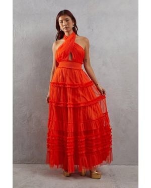 Warehouse Tulle Halter Shirred Waist Tier Maxi Dress