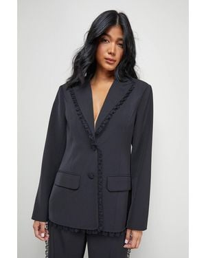 Warehouse Oversized Lace Frill Trim Single Breasted Blazer - Blue