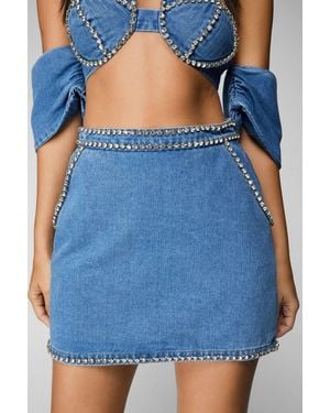 Nasty Gal Denim Diamante Trim Mini Skirt - Blue