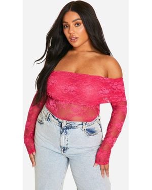 Boohoo Plus Lace Bardot Overlay Top - Red