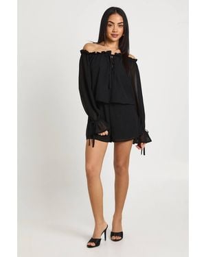 Boohoo Chiffon Long Sleeve Ruffle Romper - Black