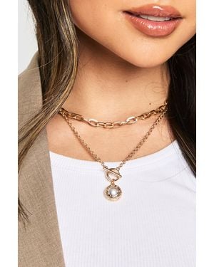 Boohoo Pearl Detail Double Layered Necklace - Natural
