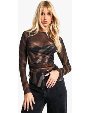Boohoo Mesh Gathered Top - Black