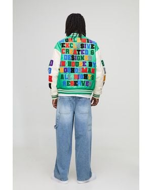 BoohooMAN Boxy Fit Letter Badge Official Applique Pu Varsity Bomber Jacket - Blue