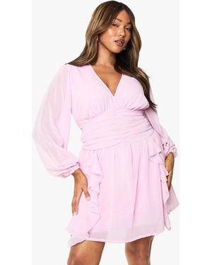 Boohoo Plus Chiffon Ruffle Skater Dress - Pink