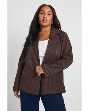 Boohoo Plus Pin Stripe Wrap Tie Front Blazer - Brown