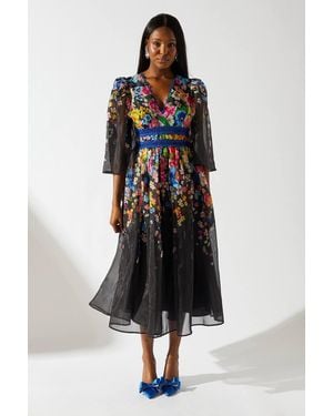 Coast V Neck Lace Trim Organza Midi Dress - Multicolor
