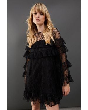 Warehouse Chantilly Lace Tier Mini Smock Dress - Black