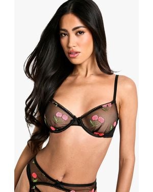 Boohoo Cherry Embroidered Underwire Bra - Black