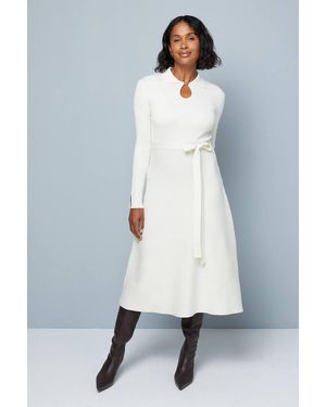 Wallis Keyhole Collared Belted Knitted Midi Dress - White