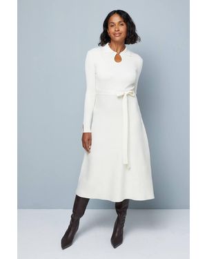 Wallis Keyhole Collared Belted Knitted Midi Dress - White