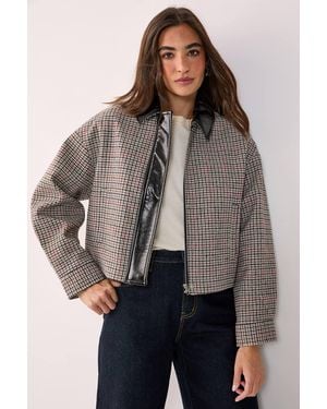 Nasty Gal Vinyl Collar Cropped Flanneled Jacket - Gray