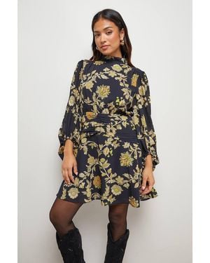 Oasis Petite High Neck Gathered Waist Balloon Sleeve Mini Dress - Black