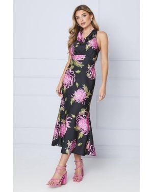 Oasis Occasion Petite Floral Satin Cross Back Midi Dress - Black