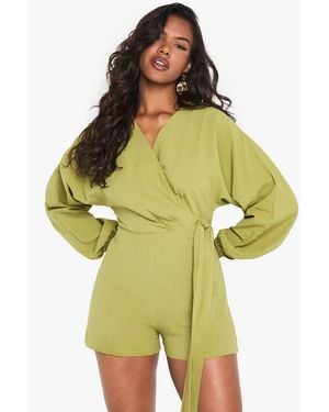 Boohoo Linen Look Wrap Over Tie Detail Romper - Yellow
