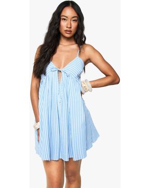 Boohoo Pinstripe Tie Front Mini Swing Dress - Blue