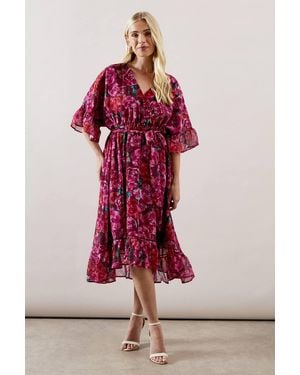 Wallis Petite Occasion Floral Belted Chiffon Midi Dress - Pink