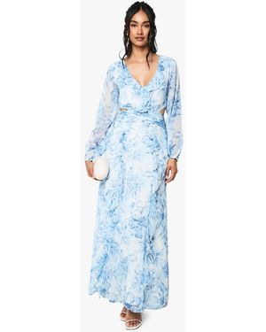 Boohoo Floral Chiffon Volume Sleeve Maxi Dress - Blue
