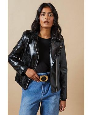 Oasis Crocodile Faux Leather Biker Jacket - Blue