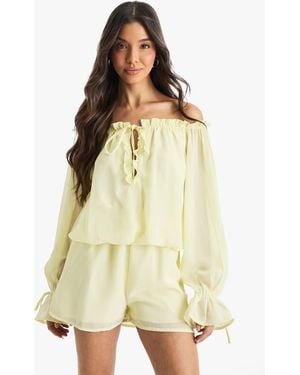 Boohoo Chiffon Bardot Dropped Waist Romper - Natural