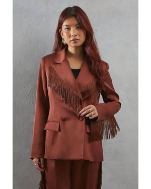Warehouse Premium Satin Fringe Double Breasted Blazer - Brown