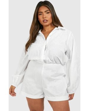 Boohoo Plus Woven Embroidery Detail Long Sleeve Playsuit - White