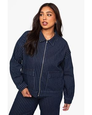 Boohoo Plus Stripe Denim Collared Jacket - Blue