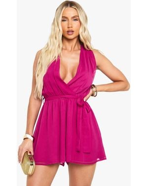 Boohoo Chiffon Plunge Belted Playsuit - Pink