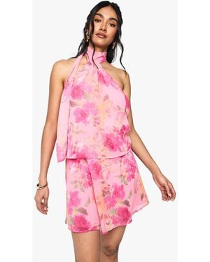 Boohoo Floral Chiffon Scarf Detail Mini Dress - Pink