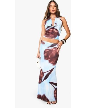 Boohoo Floral Printed Soft Satin Column Maxi Skirt - White