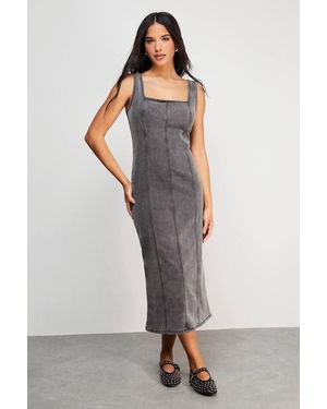 Warehouse Seam Detail Fitted Denim Midi Dress - Gray