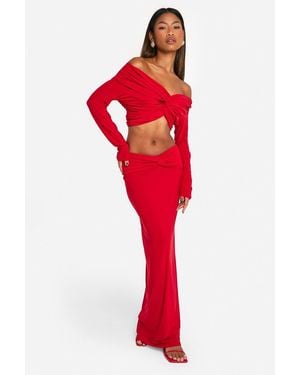 Boohoo Double Layer Slinky Knot Front Maxi Skirt - Red