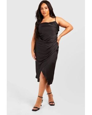 Boohoo Plus Satin Drape Front Midaxi Slip Dress - Black