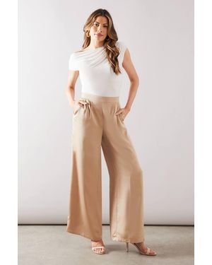Wallis Satin Pleat Detail Wide Leg Trouser - Natural