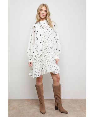 Oasis Printed Pleated Tie Neck Balloon Sleeve Mini Smock Dress - Natural